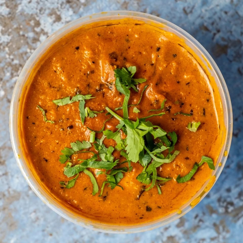Overhead view of a plastic container filled with orange Indian curry, garnished with fresh cilantro.