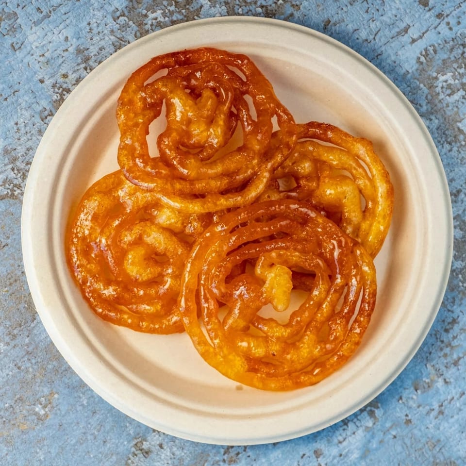 Three golden-orange jalebis, a spiral Indian sweet, on a white plate against a blue background.