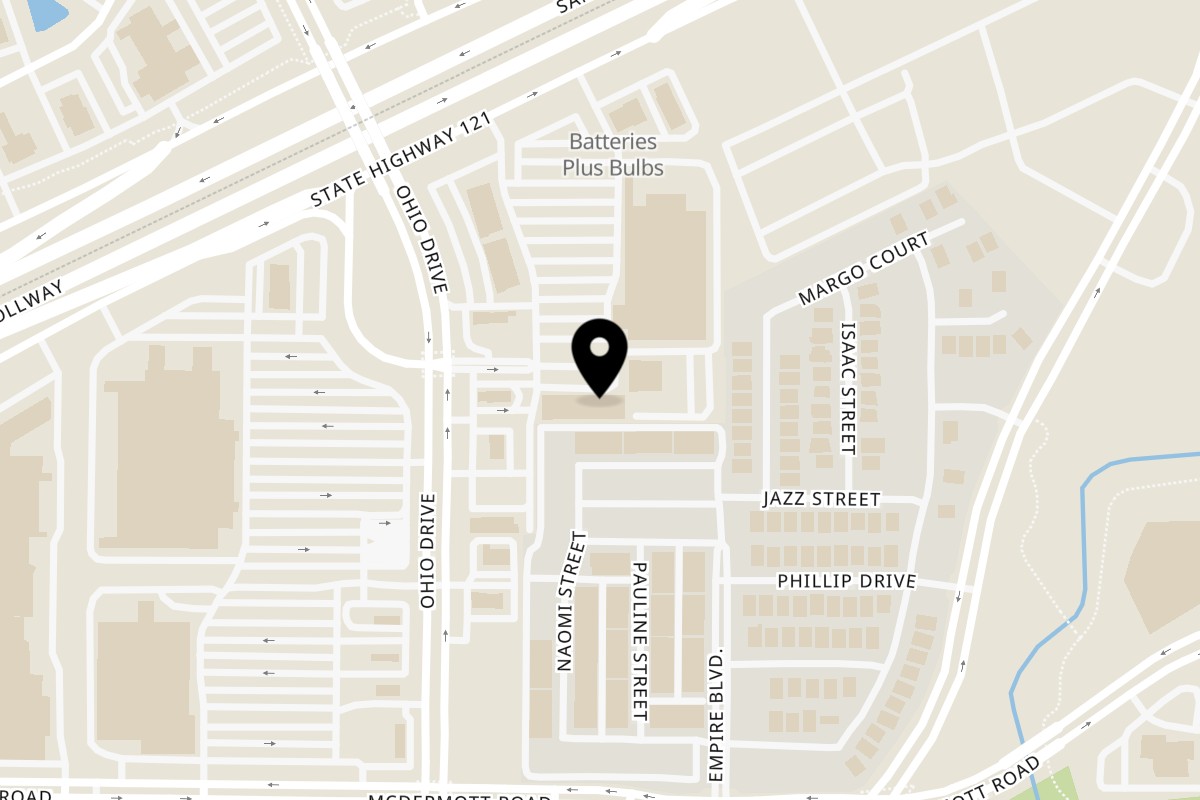 Map showing the location of Hello! India Plano on 8740 Ohio Dr suite c in Plano